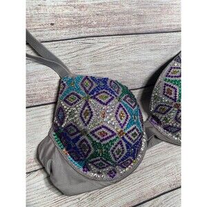 Silver Bra Geometric Rhinestone Design, Size 34C Rave / Burlesque / Festival